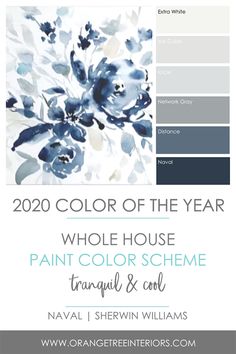 the color scheme for an interior paint scheme with blue and white flowers in shades of gray,