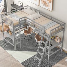 a loft bed with desk underneath it in a room next to a rug on the floor