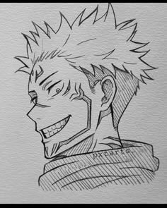 a drawing of a man with short hair and an evil look on his face, smiling