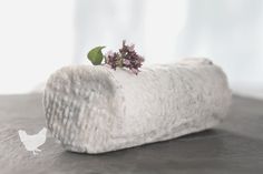 a small flower is placed on top of a piece of white material that looks like a roll of toilet paper