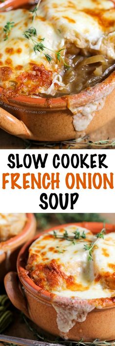 two images showing how to make slow cooker french onion soup with cheese and herbs