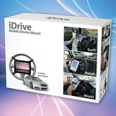 the inside of a box with an image of a cell phone and car steering wheel