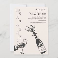 a new year's card with a bottle of wine and a glass filled with flowers