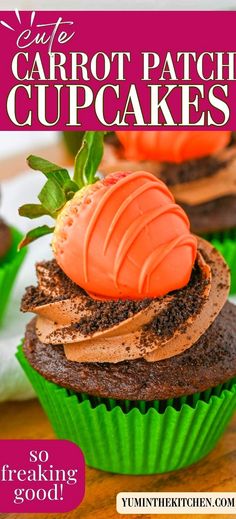 an image of a cupcake with chocolate frosting on top and the words cafe carrot patch cupcakes above it