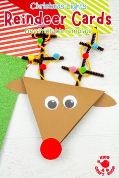 a paper reindeer with christmas lights on it's head and the words reindeer cards