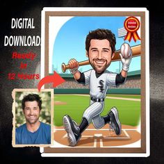 a digital caricature of a baseball player holding a bat and smiling at the camera