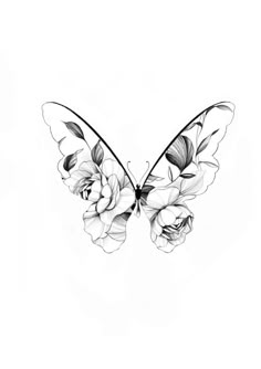 a butterfly with flowers on it's wings is shown in black and white ink