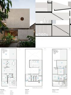 the floor plan for this modern house is shown in three separate sections, with different levels and