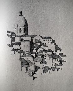 a drawing of a city with buildings and a church on it's roof top