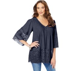 A feminine top full of delight with pearlized buttons, pleated front and back yokes and three-quarter sleeves. The soft jersey fabric flows beautifully and the delicate details like the lace-trimmed sleeves and hem add just the right amount of romance. Feminine Rayon Tops For Fall, Fall Feminine Rayon Tops, Chic Rayon Tops With 3/4 Sleeve, Fall Rayon Tops With 3/4 Sleeves, Fall 3/4 Sleeve Rayon Tops, Rayon Tops With 3/4 Sleeves For Fall, Casual Tops With Lace Trim And 3/4 Sleeve, Chic 3/4 Sleeve Tops With Lace Trim, Spring Chic Blouse With Henley Neckline