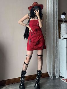 This price is for a dress only.   	 		 			Size 			S 			M 			L 		 		 			Full Length 			75 			76 			77 		 		 			Bust 			78 			82 			86 		 		 			Waist 			66 			70 			74 Red Dress Grunge, Punk Style Mini Dress For Concert, Red Alternative Outfits, Red Grunge Outfit, Red Summer Punk Dress, Red Fitted Mini Skirt Punk Style, Red Y2k, Red Strapless Dress, Mini Dress Outfits