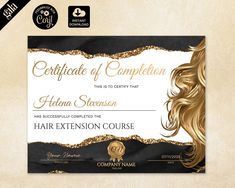 a certificate for a hair extension course with gold and black trimmings on it