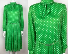 Apple green polka dot 70s dress with belt. Pleated skirt, removable ribbon to tie at the neckline and zipper in the back.  BRAND Bleeker Street / Jonathan Logan SIZE No label. I estimate it to be a size small. See measurements below. CONDITION Very good vintage condition. MATERIAL Unknown MEASUREMENTS (Taken flat) Length: 112 cm Bust:  96 cm Waist: 82 cm Sleeve: 58 cm Shipping includes tracking. I try to ship within 1-2 business days. Please do not hesitate to contact me if you have any question 1970 Vintage Minnie Mouse Pendant With Green Polka Dot Dress, Vintage Long Sleeve Polka Dot Dress, Vintage Polka Dot Dress With Buttons, Jonathan Logan, Retro V-neck Polka Dot Dress, Green Belt, Green Polka Dot, 70s Dress, Polka Dress