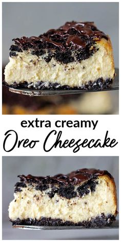 two pictures of oreo cheesecake on a plate