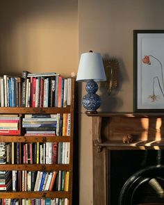 a living room filled with furniture and a book shelf next to a fire place covered in books