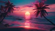 the sun is setting over the ocean with palm trees