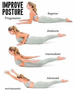 a woman doing yoga poses with the words improve posture progression on her chest and arms