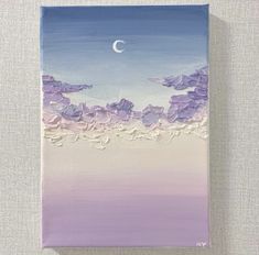 an acrylic painting of purple flowers in the sky with a crescent moon above it