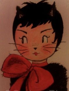 a drawing of a cat with a red bow on it's neck and eyes