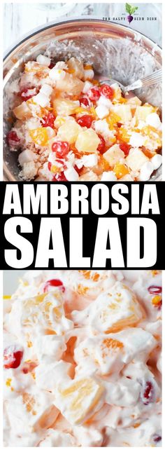 two pictures with the words ambrosia salad on them