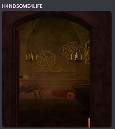 an open door with spider webs on it and candles in the dark behind them