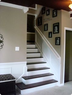 a staircase with pictures on the wall and carpeted steps leading up to it's second floor