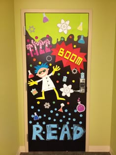 a door decorated with an image of a cartoon character and the word read on it