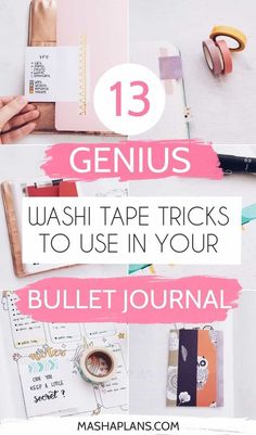 Washi tape isn't just pretty, but also very functional. Check these 13 easy but useful washi tape trick to improve your Bullet Journal. Get more creative with your setups and start using that beautiful washi tape stash you have in your stationery trolley. #mashaplans #bujoideas #bulletjournaljunkies #bulletjournaltricks Washi Tape Bujo Ideas, Bujo Setup Ideas, Washi Tape Notes, Journal Washi Tape Ideas, Bullet Journal Washi Tape Ideas, Stationary Journaling, Bullet Journal Banners, Decorate Your Notebook, How To Bullet Journal