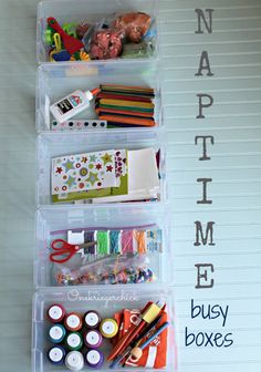 three clear bins filled with craft supplies