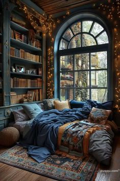 a bedroom with bookshelves and lights in the windows