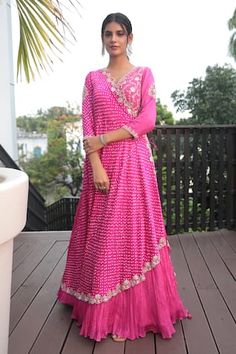 Pink angarkha style anarkali featuring cutdana and pearl embroidery, Fit: Relaxed Cutdana Embroidery, Pearl Embroidery, Women Kurta, Pink Silk, Embroidered Silk, Aza Fashion, Anarkali, India, V Neck