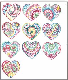 six hearts with different designs on them