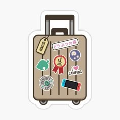 a piece of luggage with stickers on the front and back of it, in japanese