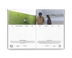 an open magazine with two people standing in the grass and one person walking on the beach