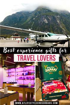 an airplane with mountains in the background and text overlay that reads best experience gifts for travel lovers