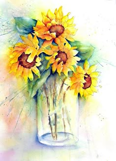 a watercolor painting of sunflowers in a glass vase on a white background