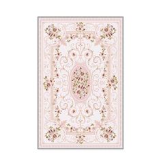 a rug with an ornate design on the front and back side, in pink tones