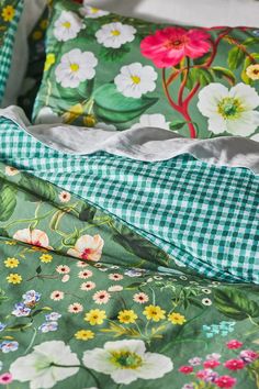 green floral bedding with gingham checkered sheets and matching pillowcases