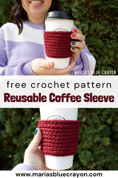 Crochet a bunch of these reusable coffee sleeves to sell, gift, or have for yourself! This is a quick project that uses a small amount of yarn. Cup Cozies Crochet Pattern Free, Coffee Cup Cozy Crochet Pattern Free, Crochet Cup Cozy Free Pattern, Cup Sleeve Crochet, Crochet Cup Sleeve, Crochet Coffee Sleeve, Cup Cozy Crochet Pattern, Crochet Projects To Sell, Reusable Coffee Sleeve