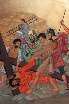 a painting of jesus carrying the cross with other people around him and on his knees