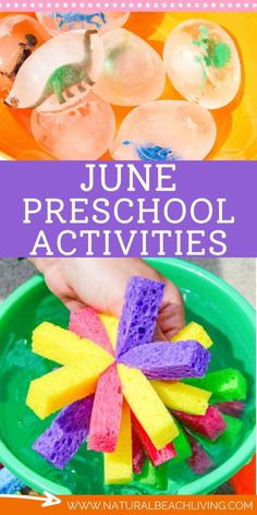 a child's hand is holding some colorful play dough in a green bowl with the words june preschool activities on it