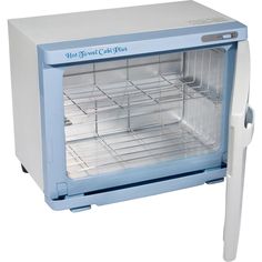 a blue and white toaster oven with its door open