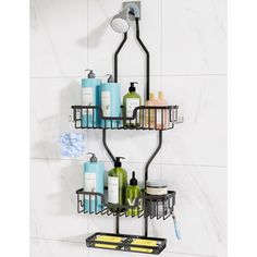 three tiered shower caddy with soap, shampoo and lotion