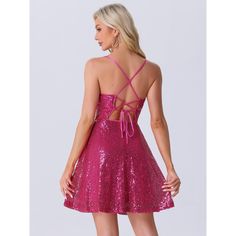 Allegra K Glitter Sequin Dresses for Women's Spaghetti Strap Tie Back Backless Mini Party Dress Clubwear. The spaghetti straps add a delicate touch, while the V-neckline enhances your neckline elegantly. The tie-back detail and backless design add a alluring element to the dress, making it a show-stopping choice for any festive event. This dress is perfect for summer and can be worn to a variety of events such as cocktail parties, clubs, proms, celebrations, date nights, and vacations. The stret Glitter Party Dress, Halter Party Dress, Mini Party Dress, Mini Party, Sleeveless Mini Dress, Knitting Women, Halloween Women, Ladies Party, Mini Dress Party