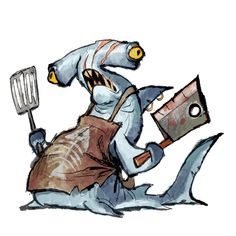 a drawing of a shark holding a spatula