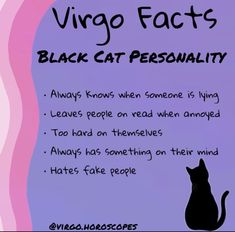 a black cat sitting on top of a purple and pink background with the words, virgo fact's black cat personality