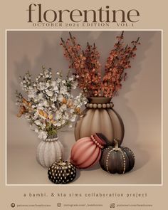 the front cover of florentie magazine featuring three vases with flowers in them