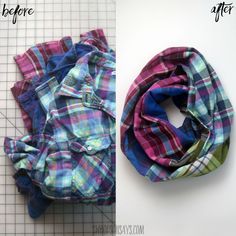 the before and after images show how to make a scarf with fabric in different colors