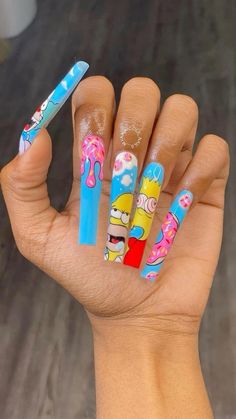 Rick E Morty, Cartoon Nail Art, Acrylic Inspiration, Yellow Nails Design, Cute Acrylic Nail Designs