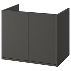 a gray cabinet with two doors on one side and an open door on the other